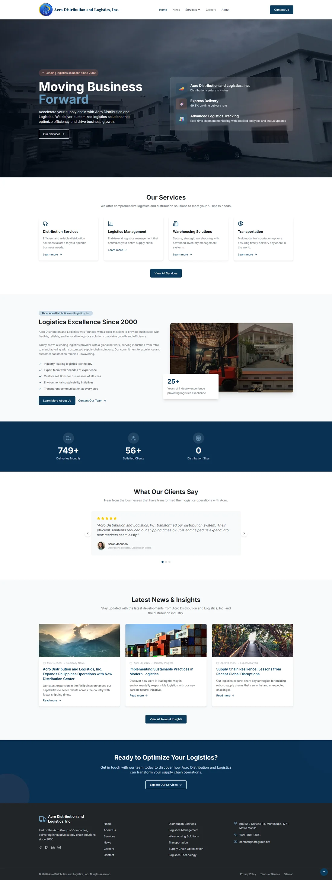 Acro Distribution and Logistics company website with a warehouse hero, services, company profile, news, and contact sections.